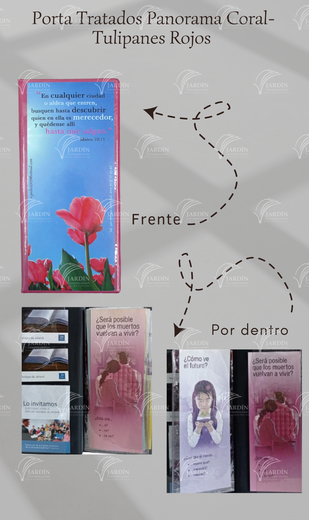 PORTA TRATADOS PANORAMA TULIPANES ROJOS (MATEO 10:11) C/SOLAPA PARA TARJETA E INVITACION CALIFORNIA CORAL