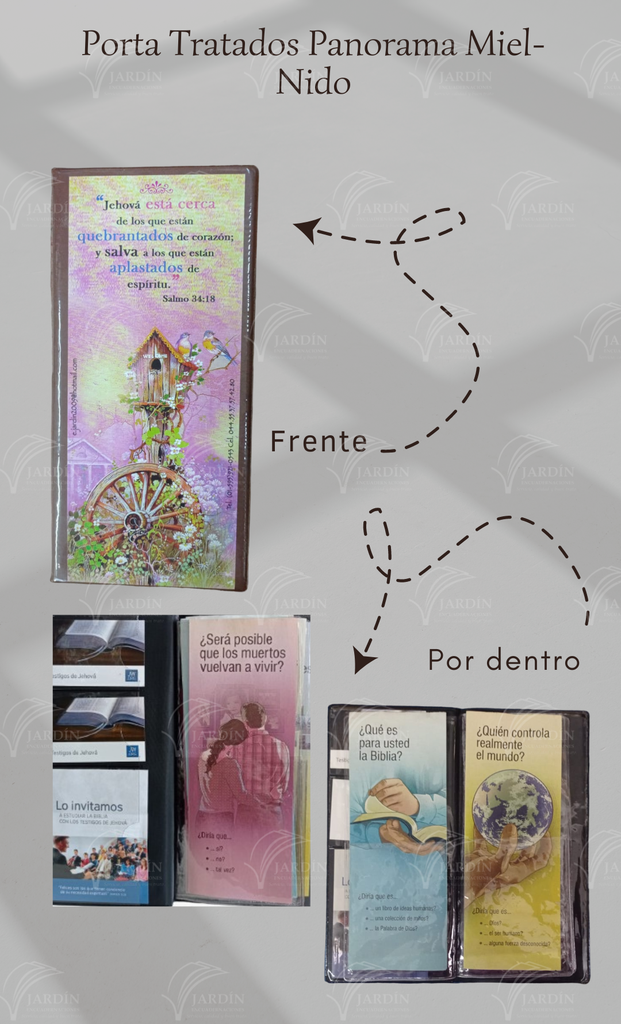PORTA TRATADOS PANORAMA NIDO (SALMO 34:18) C/SOLAPA PARA TARJETA E INVITACION CALIFORNIA MIEL