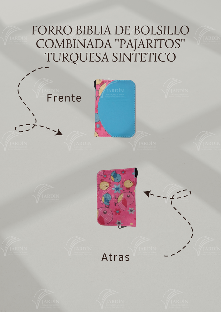 FORRO BIBLIA DE BOLSILLO C/CIERRE DE CAJA RELIEVE COMBINADA PAJARITOS/TURQUESA SINTETICO