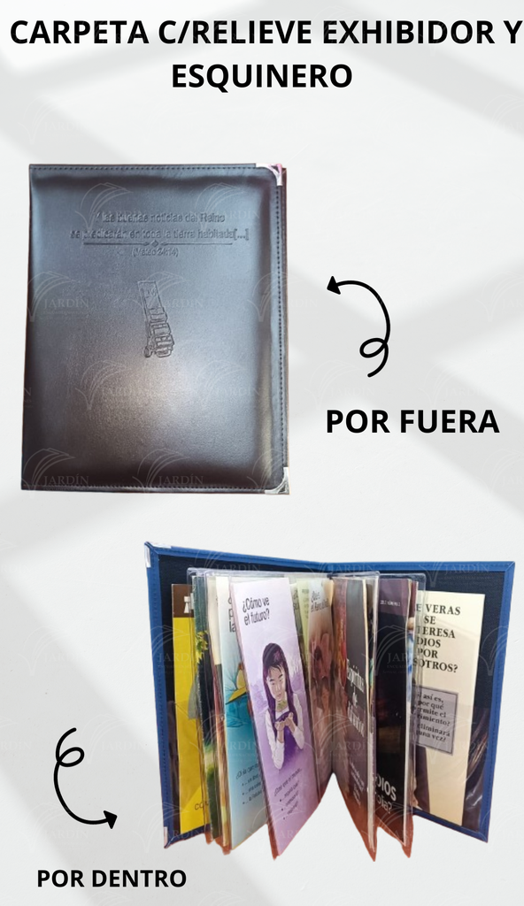 CARPETA C/RELIEVE EXHIBIDOR Y ESQUINERO METALICO ACOJINADA COSIDA SINTETICO CAFE
