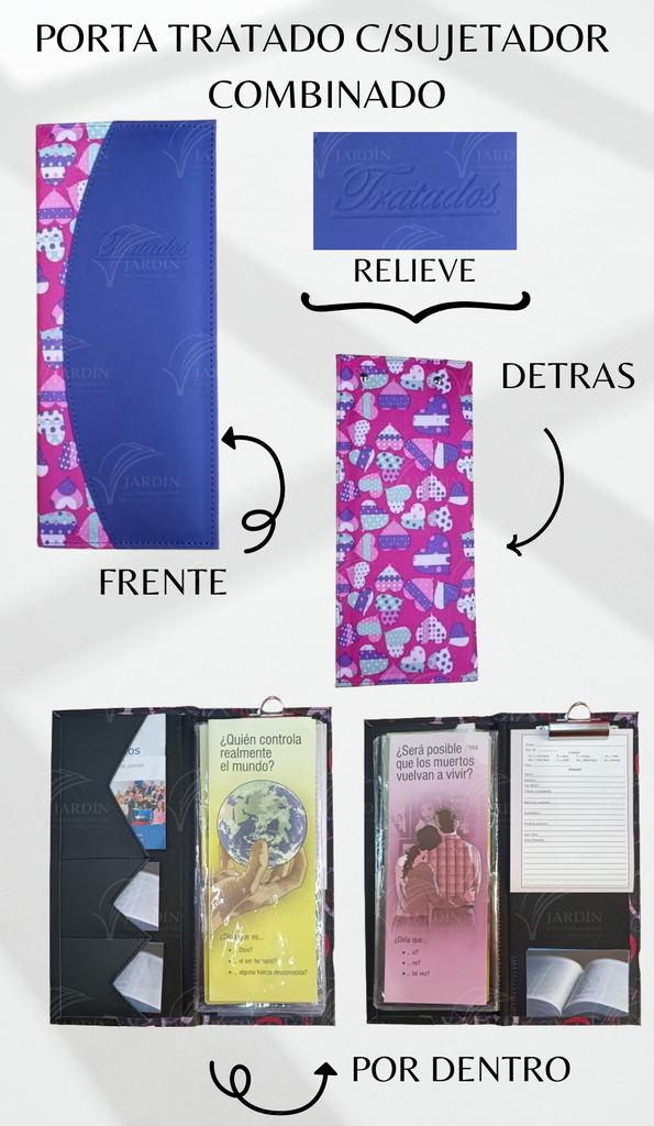 PORTA TRATADOS C/SUJETADOR COSIDO COMBINADO CORAZONES FONDO FUCSIA/MORADO