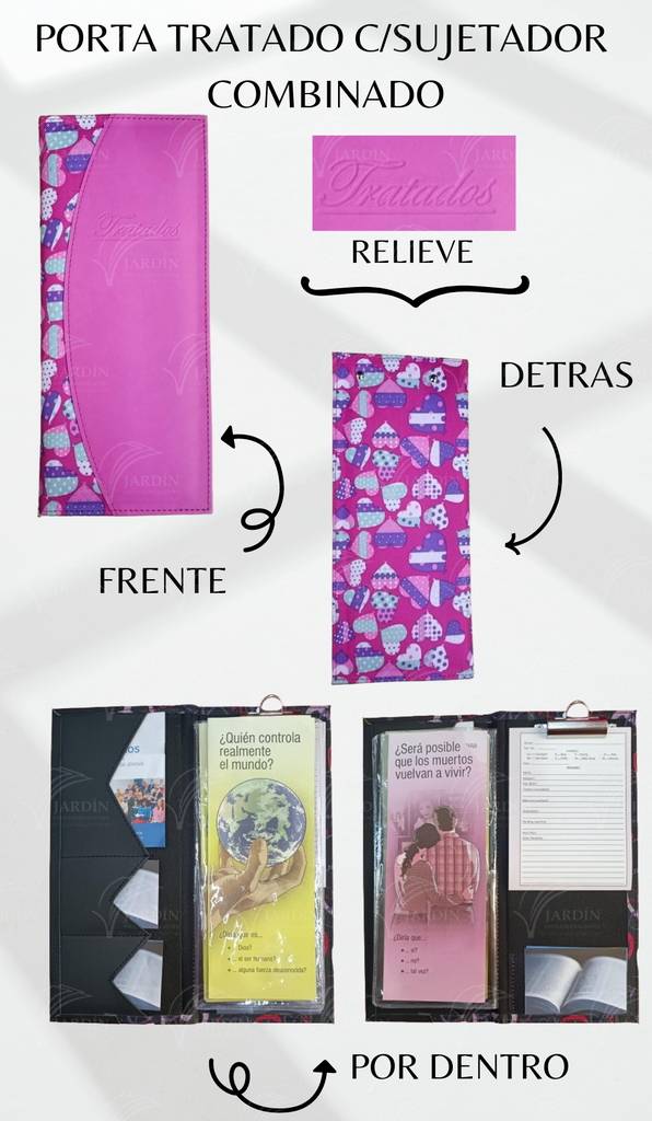 PORTA TRATADOS C/SUJETADOR COSIDO COMBINADO CORAZONES FONDO FUCSIA/FUCSIA