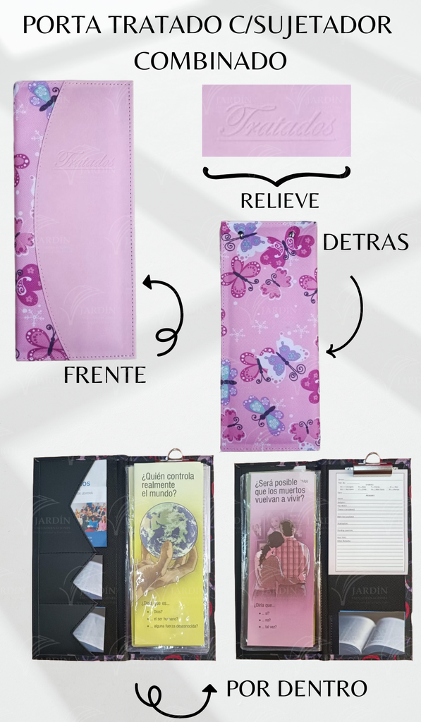 PORTA TRATADOS C/SUJETADOR COSIDO COMBINADO MARIPOSAS FONDO ROSA/ROSA