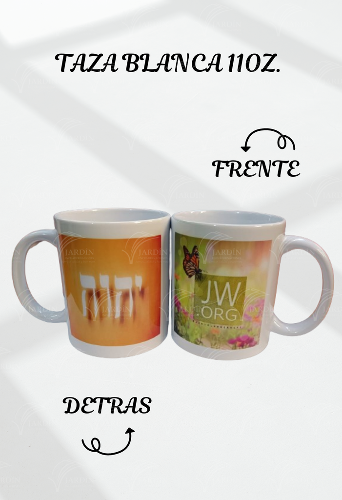 TAZA BLANCA 11 ONZ. MOD.(32) TETRAGRAMMATON/MARIPOSA VERDE