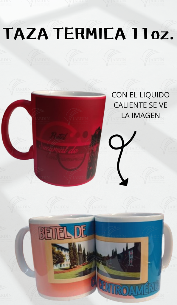 TAZA TERMICA ROJA 11 ONZ. MOD.(16) BETEL DE CENTRO AMERICA (FONDO ROSA-AZUL Y CUADRO C/PASILLO EN MEDIO)
