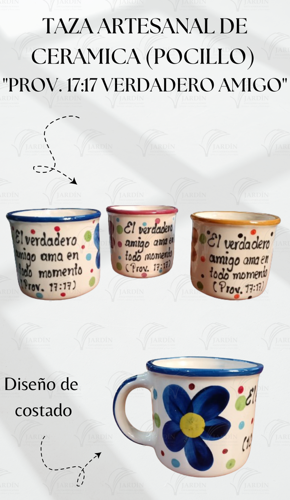 TAZA ARTESANAL DE CERAMICA (POCILLO) "PROV. 17:17 VERDADERO AMIGO" AZUL REY
