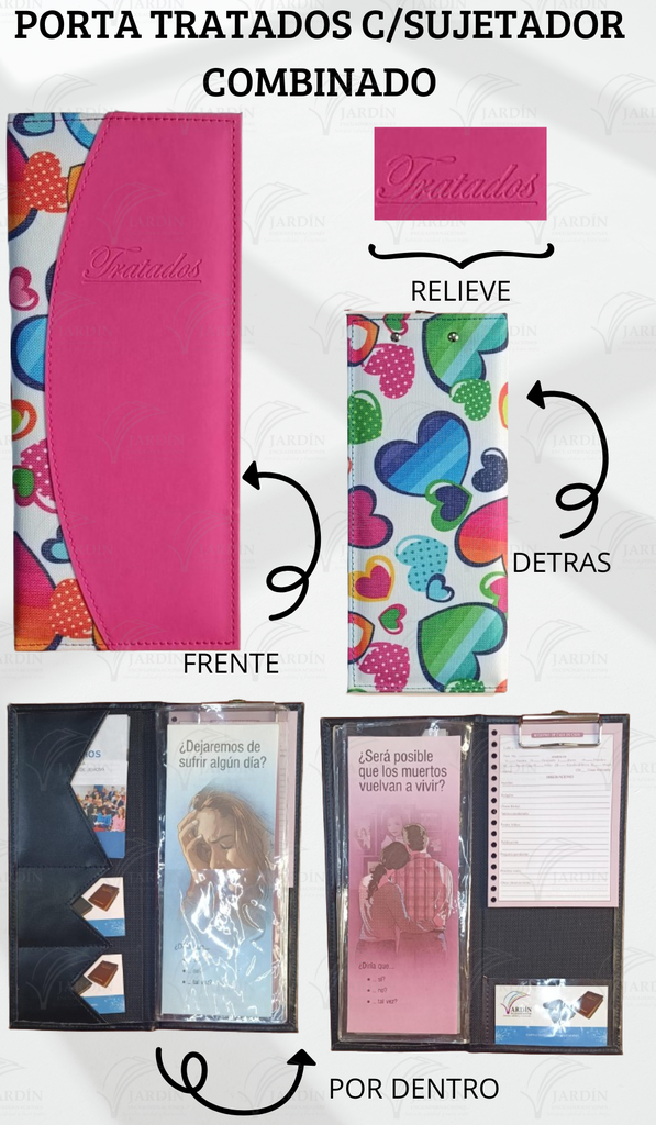 PORTA TRATADOS C/SUJETADOR COSIDO COMBINADO CORAZONES FONDO BLANCO/FUCSIA