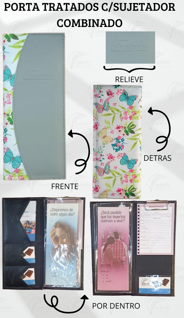 PORTA TRATADOS C/SUJETADOR COSIDO COMBINADO MARIPOSAS EN JARDIN/GRIS CLARO