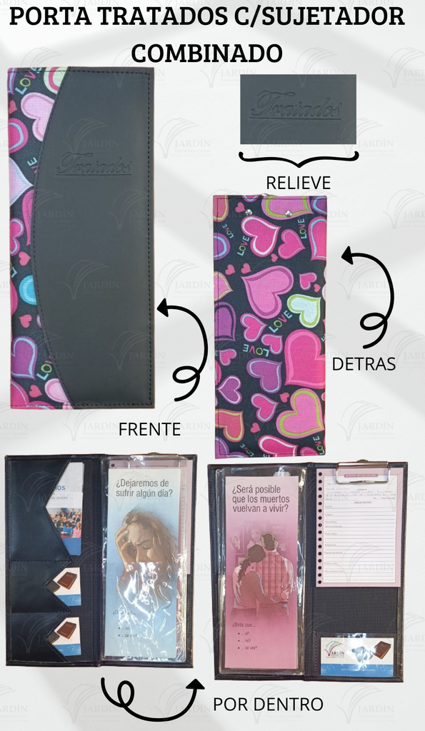 PORTA TRATADOS C/SUJETADOR COSIDO COMBINADO CORAZONES GRANDE/NEGRO