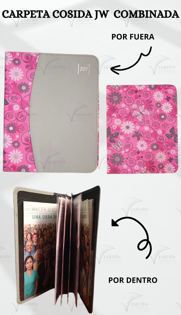 CARPETA COSIDA JW GRABADO COMBINADA MARIPOSAS Y FLORES/GRIS CLARO