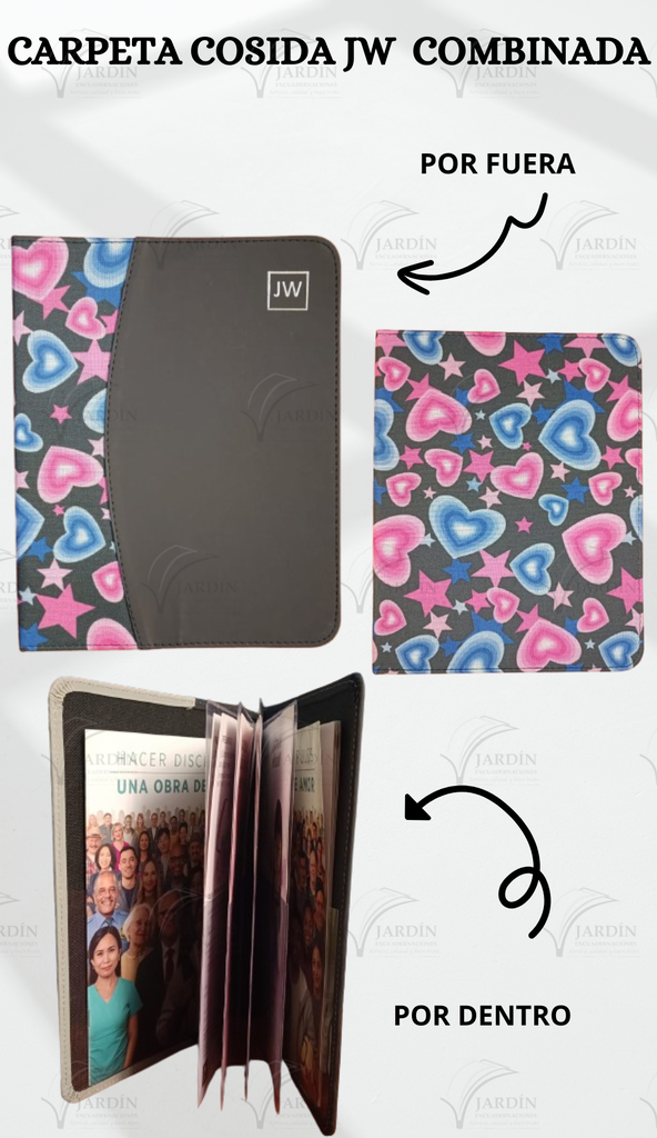 CARPETA COSIDA JW GRABADO COMBINADA CORAZONES Y ESTRELLAS/NEGRO