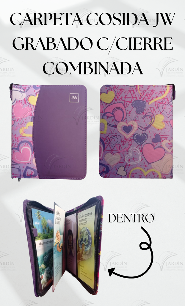 CARPETA COSIDA JW GRABADO C/CIERRE COMBINADA CORAZONES FONDO LILA/MORADO