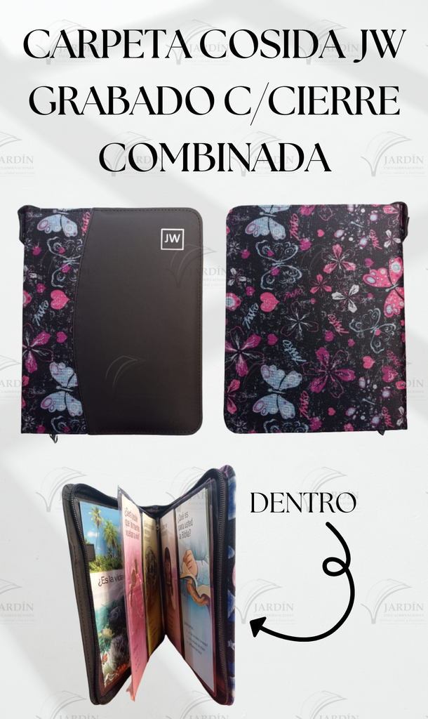 CARPETA COSIDA JW GRABADO C/CIERRE COMBINADA MARIPOSAS FONDO NEGRO/NEGRO