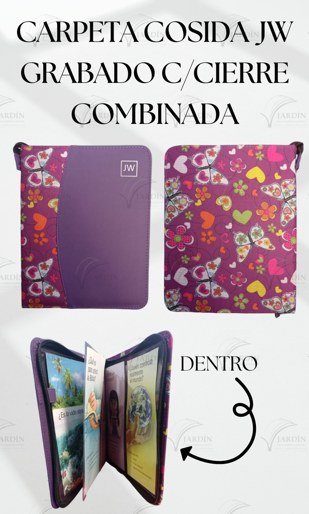 CARPETA COSIDA JW GRABADO C/CIERRE COMBINADA MARIPOSAS Y CORAZONES FONDO MORADO/MORADO