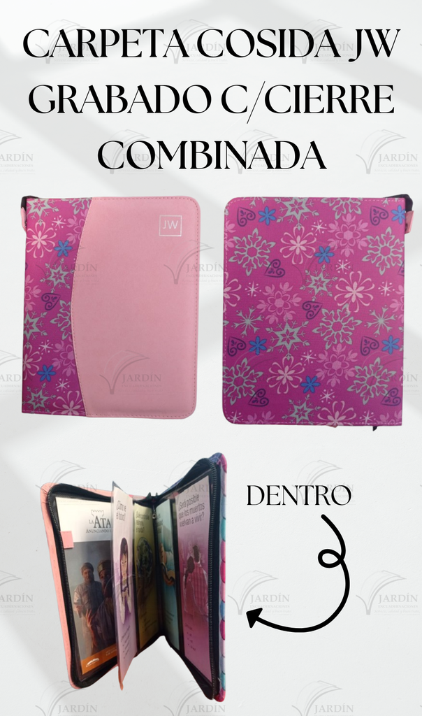 CARPETA COSIDA JW GRABADO C/CIERRE COMBINADA COPOS/ROSA