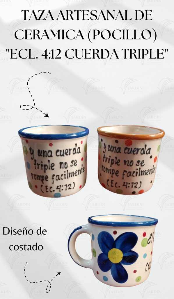 TAZA ARTESANAL DE CERAMICA (POCILLO) "ECL. 4:12 CUERDA TRIPLE" VINO