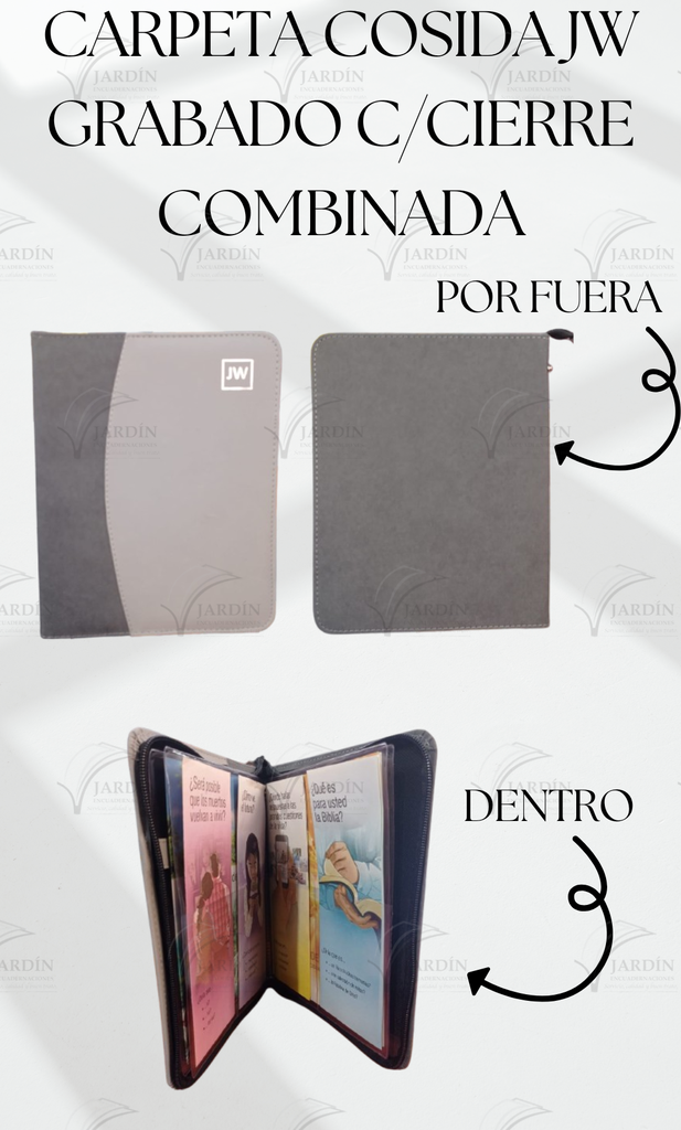 CARPETA COSIDA JW GRABADO C/CIERRE COMBINADA CALIFORNIA GRIS OSCURO/GRIS CLARO