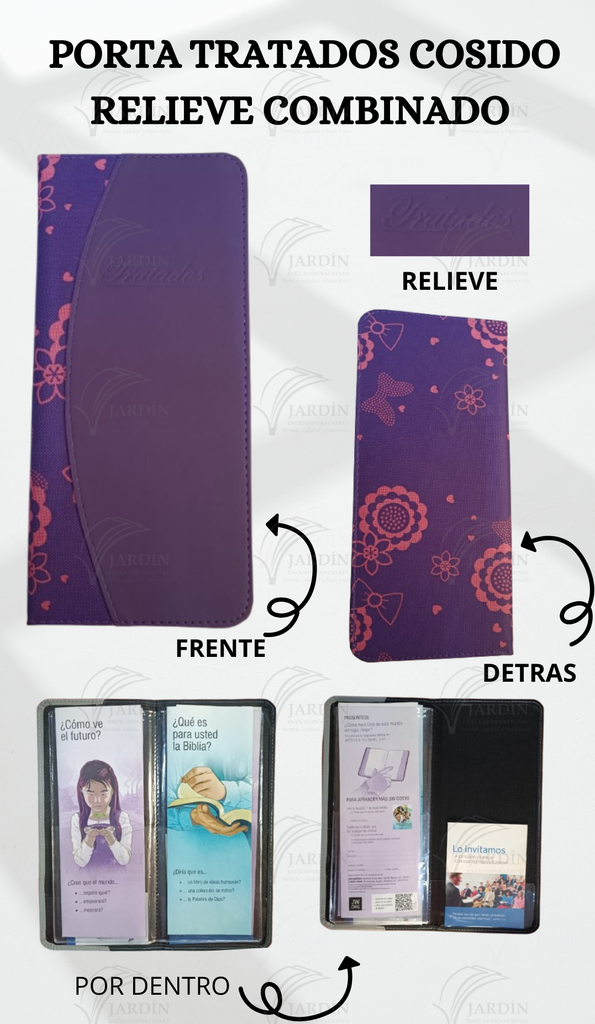 PORTA TRATADOS COSIDO RELIEVE COMBINADO FLORES Y MOÑOS FONDO MORADO/MORADO