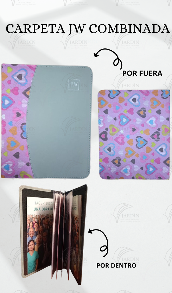 CARPETA COSIDA JW GRABADO COMBINADA CORAZONES COLORES/GRIS CLARO