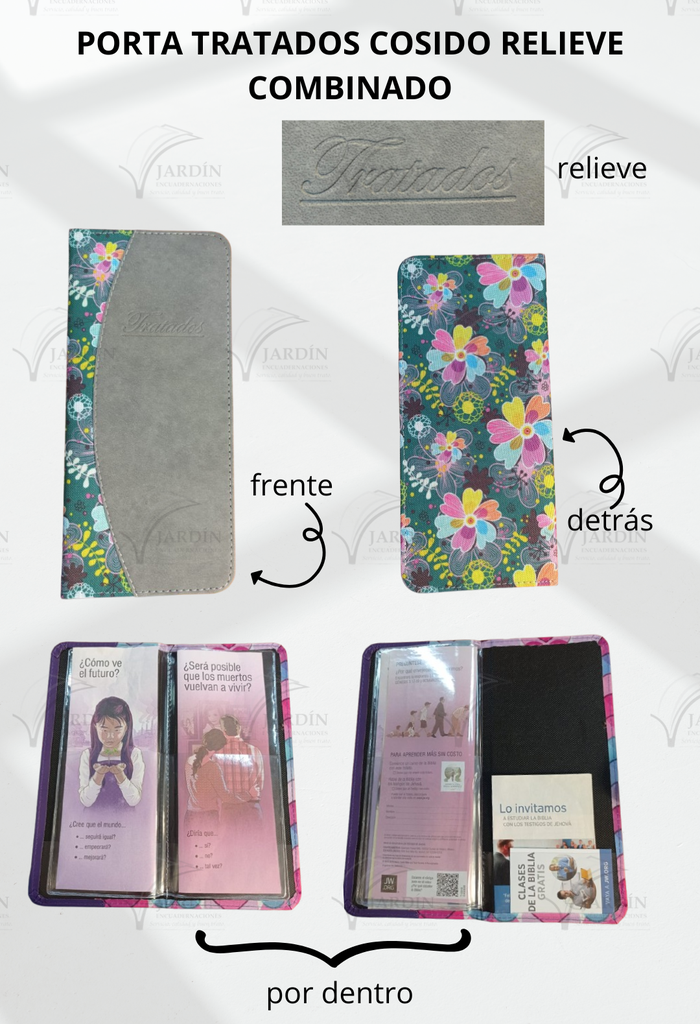 PORTA TRATADOS COSIDO RELIEVE COMBINADO FLORES FONDO VERDE/GRIS OSCURO