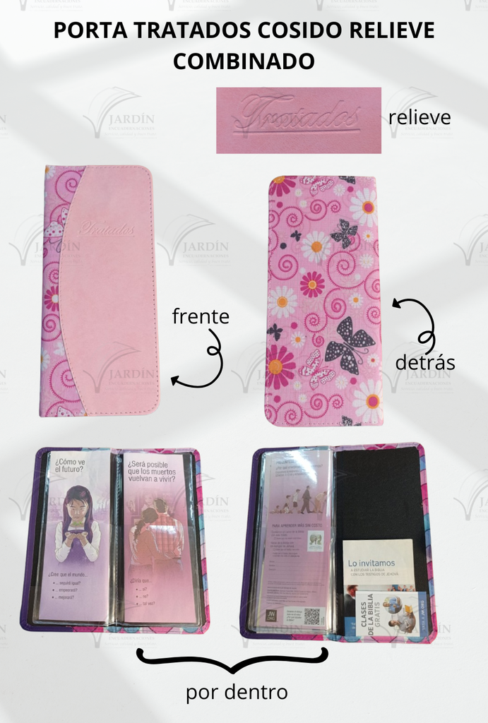 PORTA TRATADOS COSIDO RELIEVE COMBINADO MARIPOSAS Y FLORES FONDO ROSA/ROSA