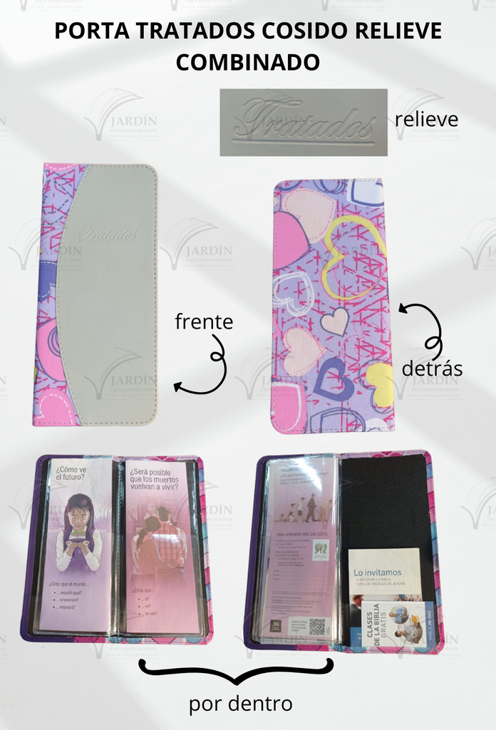 PORTA TRATADOS COSIDO RELIEVE COMBINADO CORAZONES FONDO LILA/GRIS CLARO
