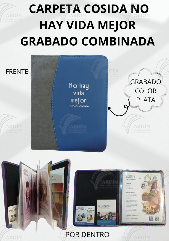 CARPETA COSIDA NO HAY VIDA MEJOR GRABADO COMBINADA CALIFORNIA GRIS OSCURO/AZUL MARINO