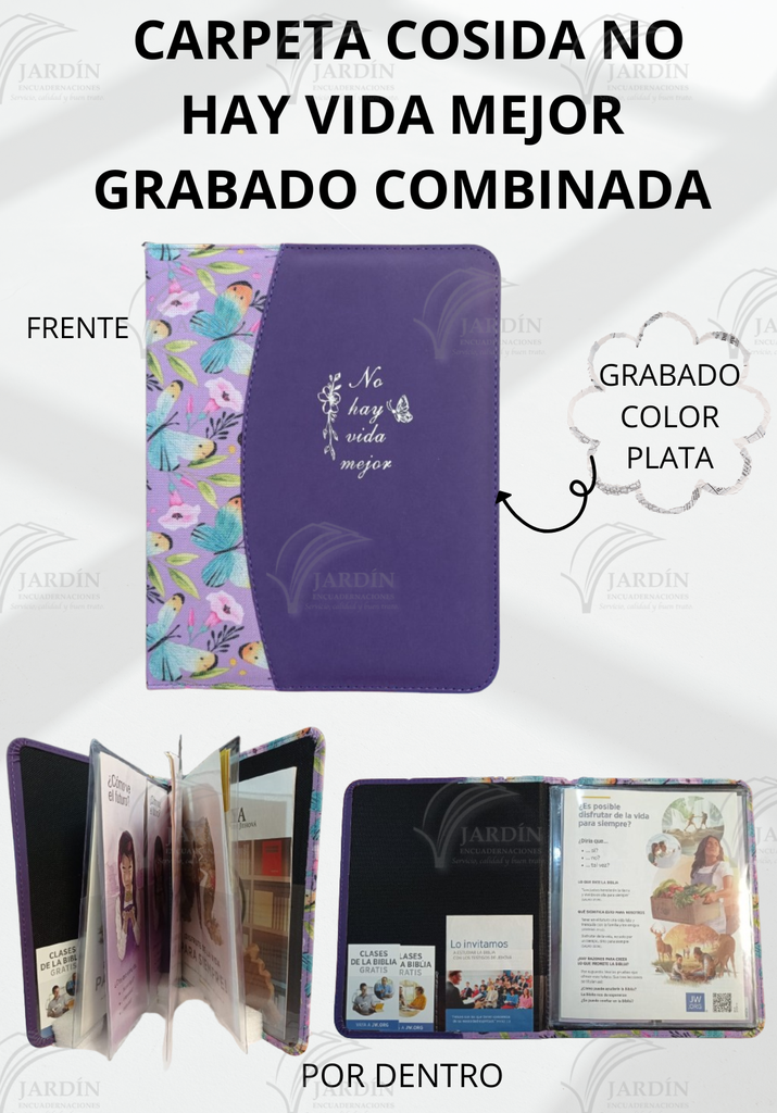 CARPETA COSIDA NO HAY VIDA MEJOR GRABADO COMBINADA MARIPOSA C/FLORES FONDO MORADO/MORADO