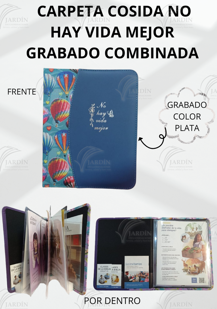CARPETA COSIDA NO HAY VIDA MEJOR GRABADO COMBINADA GLOBOS/AZUL MARINO