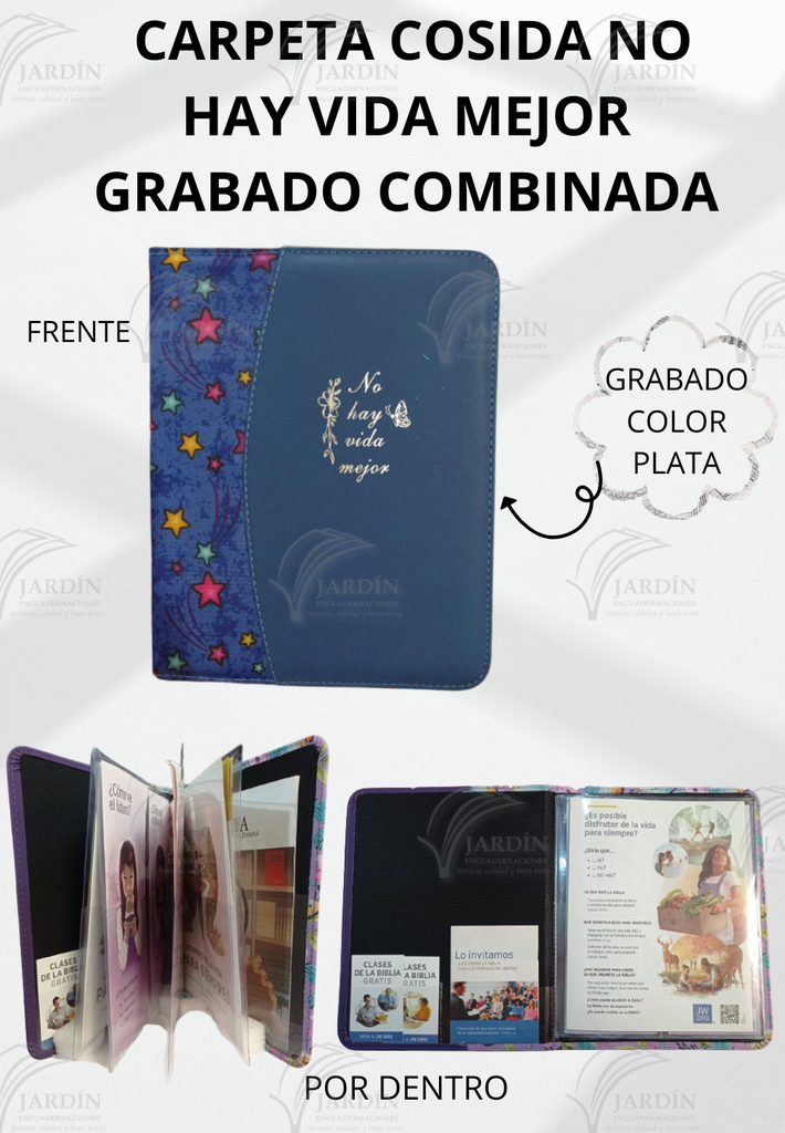 CARPETA COSIDA NO HAY VIDA MEJOR GRABADO COMBINADA ESTRELLAS FONDO AZUL REY/AZUL MARINO