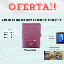 [C620-PV] CARPETA CON SOBRE DE DONACION EN PIEL Y TABLET 9"-10" VINO