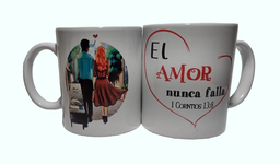 [TZ-06Z] TAZA TERMICA AZUL11 ONZ. MOD.(06) MATRIM. CAMINANDO C/CARRITO EL AMOR NUNCA FALLA 1 COR. 13:8
