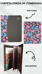 [CJC-28] CARPETA COSIDA JW GRABADO COMBINADA CORAZONES Y ESTRELLAS/NEGRO