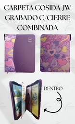 [CJC-31] CARPETA COSIDA JW GRABADO C/CIERRE COMBINADA CORAZONES FONDO LILA/MORADO