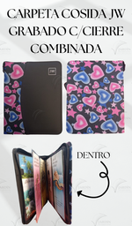 [CJC-33] CARPETA COSIDA JW GRABADO C/CIERRE COMBINADA CORAZONES Y ESTRELLAS FONDO NEGRO/NEGRO