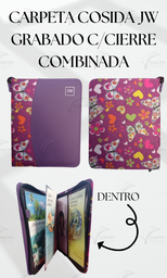 [CJC-34] CARPETA COSIDA JW GRABADO C/CIERRE COMBINADA MARIPOSAS Y CORAZONES FONDO MORADO/MORADO