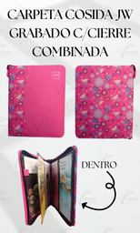 [CJC-43] CARPETA COSIDA JW GRABADO C/CIERRE COMBINADA FLORES AZULES FONDO FUCSIA/FUCSIA